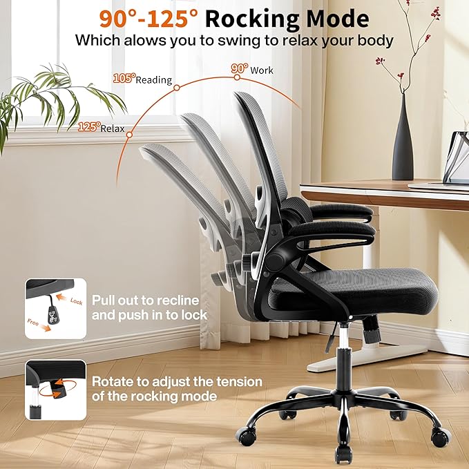 Ergonomic Office Chair,Mesh Office Chair with Lumbar Support,Mid Back Desk Chair with Flip-up Arms,400 lbs Comfy Computer Chair for Home Office (Jet Black)