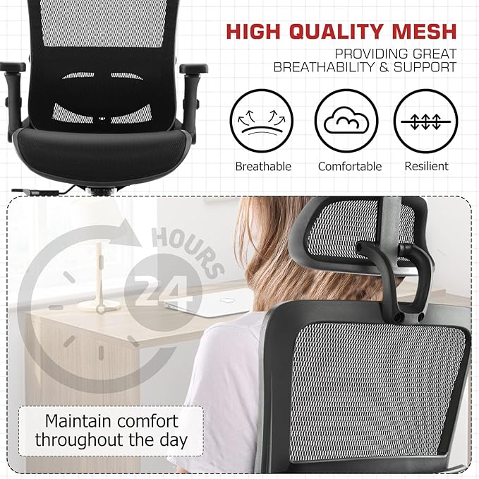 Office Chair Ergonomic Mesh Chair High Back Computer Desk Chair with 3D Armrest Adjustable Lumbar Support and Headrest Receling Chair, Black