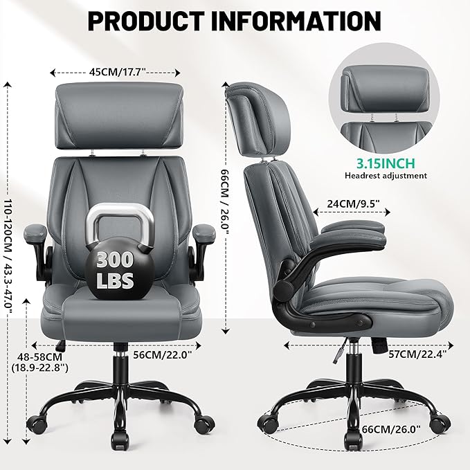 BestGlory Ergonomic Office Chair, PU Leather High Back Desk Chair with Adjustable Headrest and Padded Flip-Up Arms, Lumbar Support Computer Chair for Home Office Gaming, Grey