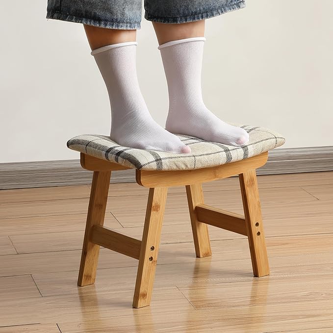 BAMBOO LAND- Bamboo Foot Stools Ottoman, Stripes Beige Cushion & Natural Wood Legs, Small Ottoman Foot Rest for Couch