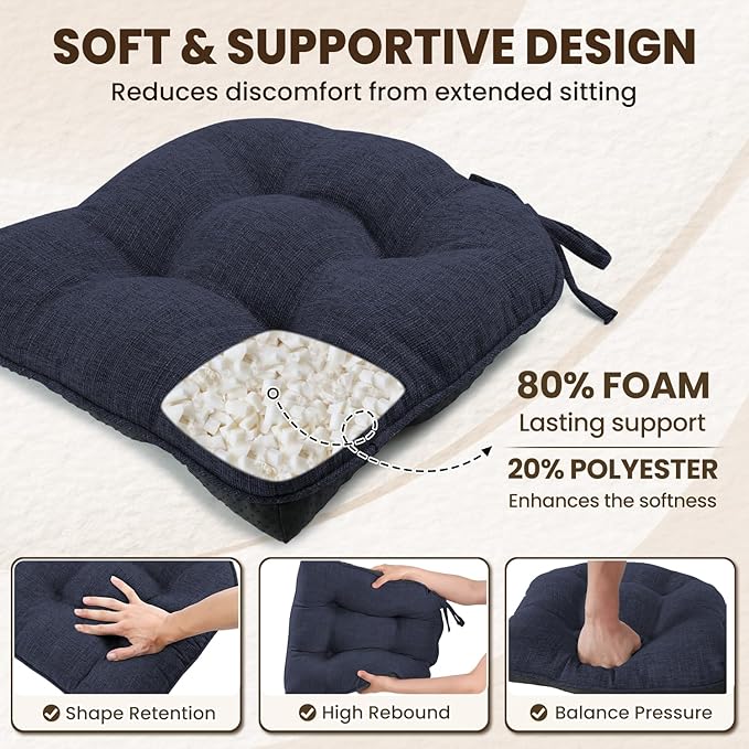 downluxe Indoor Chair Cushions for Dining Chairs, Tufted Overstuffed Textured Kitchen Chair Pads with Ties and Non-Slip Backing, 15.5" x 15.5" x 4", Navy, 6 Pack