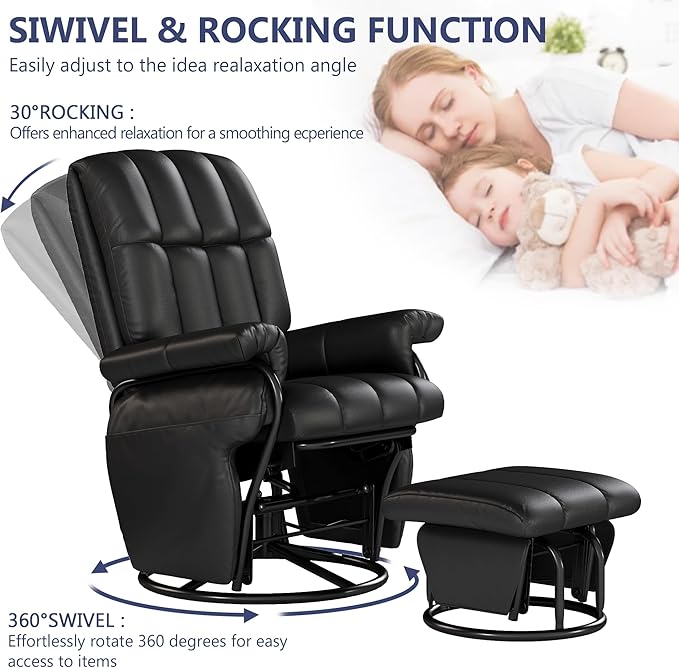 AODAILIHB 360° Swivel Glider Recliner with Ottoman, Nursing Glider Rocking Chair with Foot Rest & 2 Side Pockets for Nursery, Living Room, Bedroom, Office, Black