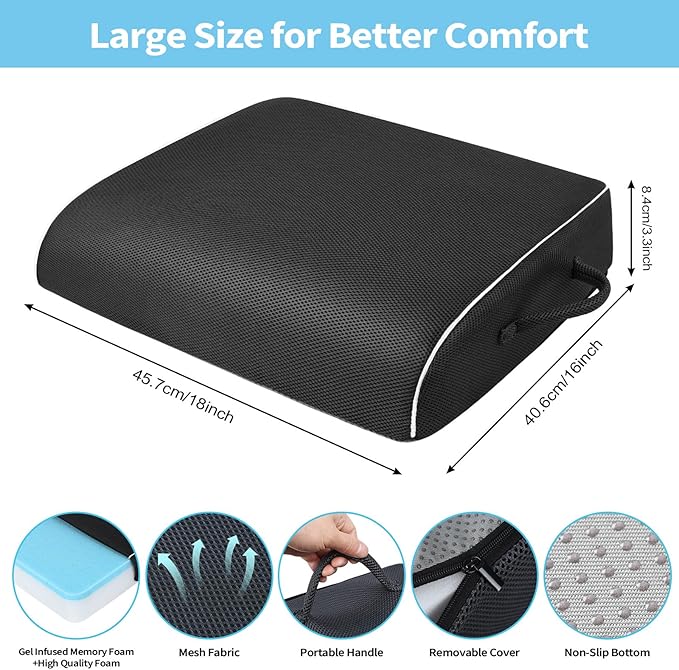 Seat Cushion for Tailbone Pain Relief, Office Chair Cushion, Memory Foam Large Chair Cushion with Non-Slip Cover for Soft Support at Office Chair, Car Seat, Airplane 3.3"-Black