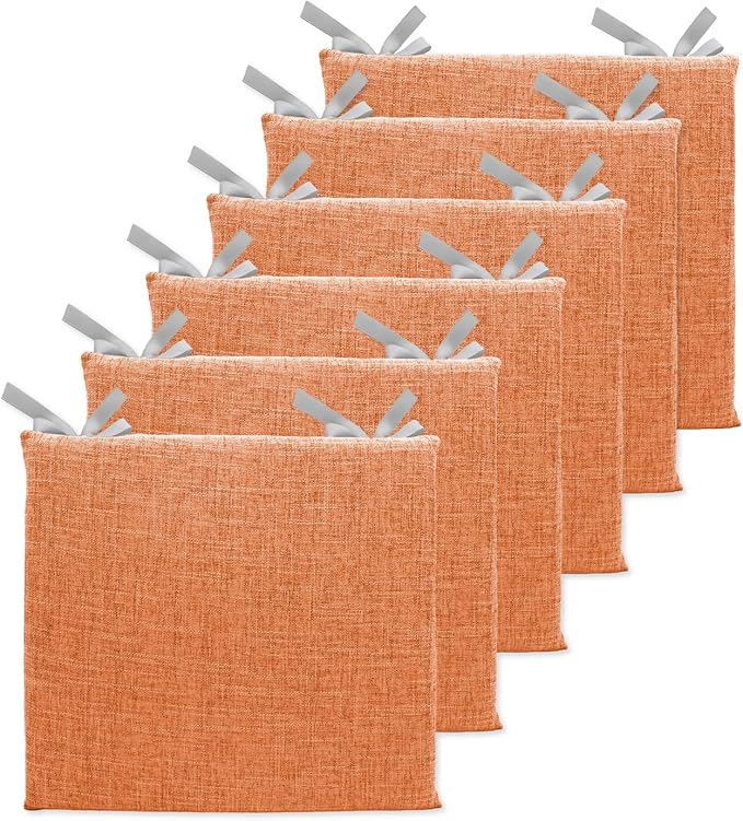 Lifup 6 Pack Chair Cushion Memory Foam Pads, Square Non-Slip Thick Dining Chair Cushions with Ties and Removable Cover for Home Office Restaurant Chair Pads Orange 16 x 16 Inch
