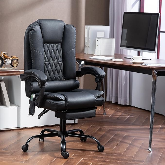 6-Point Heated Massage Office Chair with Footrest, Executive High Back PU Leather Computer Chair with Armrest & Reclining, Ergonomic Home Desk Chair with Lumbar Support, Black
