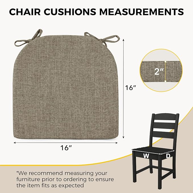 downluxe Indoor Chair Cushions for Dining Chairs, Soft and Comfortable Textured Foam Kitchen Chair Pads with Ties and Non-Slip Backing, 16" x 16" x 2", Khaki, 6 Pack