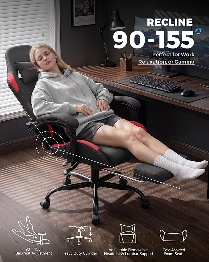 GTPLAYER Gaming Chair Fabric with Pocket Spring Cushion,Computer Office Chair with Lumbar Support for Adults Linkage Armrests and Footrest Ergonomic Gamings Chairs Height Adjustable RED