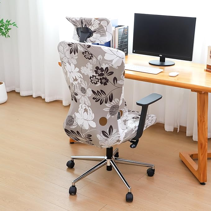 Ergonomic Office Chair Covers Set with Headrest Cover Floral 2 Pieces Stretch Desk Computer Office Chair and Headrest Slipcovers Washable