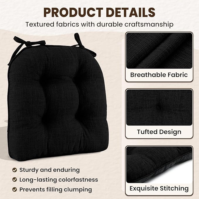 downluxe Indoor Chair Cushions for Dining Chairs, Tufted Overstuffed Textured Kitchen Chair Pads with Ties and Non-Slip Backing, 16.5" x 16.5" x 4", Black, 4 Pack