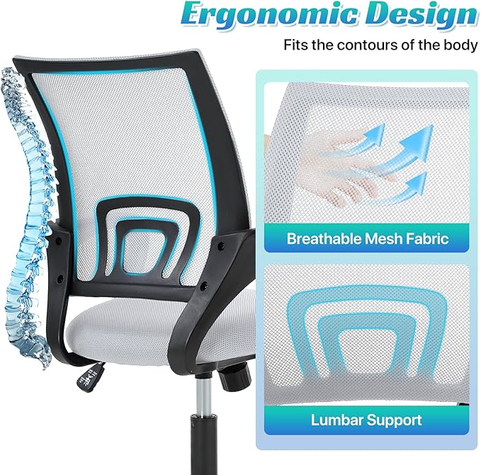 Ergonomic Office Chair Mesh Mid Back with Lumbar Support Armrest, Adjustable Home Desk Chair Comfy Computer Task Drafting Rolling Swivel Chairs for Gaming, Home Work, Study, White