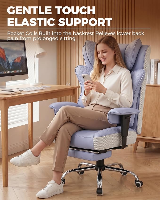 GTPLAYER Big and Tall Office Chair, Wide Ergonomic Gaming Chair with Deluxe Embossing Designed Leather with Foot Rest,150°Reclining Adjustable Soft Armrests Pocket Spring Back Support and Pillow
