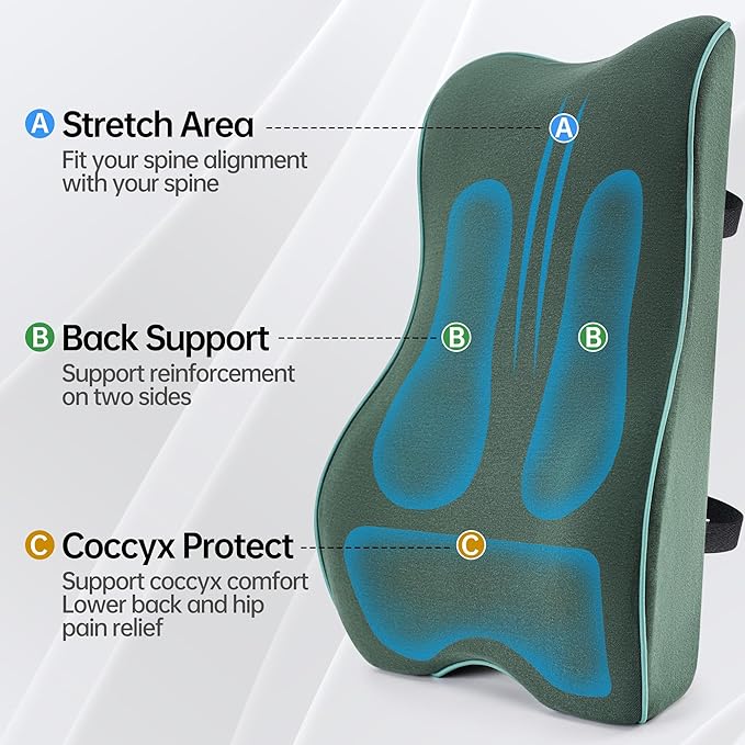 Lumbar Support Pillow for Office Chair Car Seat Gaming Chair, Memory Foam Back Support Pillow, Lumbar Cushion Back Cushion for Lower Back Pain Relief, Adjustable Strap Washable Cover-Dark Green
