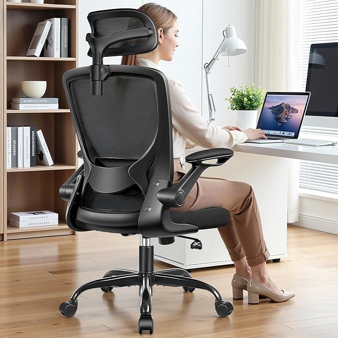 BESTFAIR Office Chair Ergonomic Desk Chair, Breathable Mesh Office Chairs with Adjustable Lumbar Support, Flip-Up Arms, Computer Desk Chair Comfy for Home Office, Black