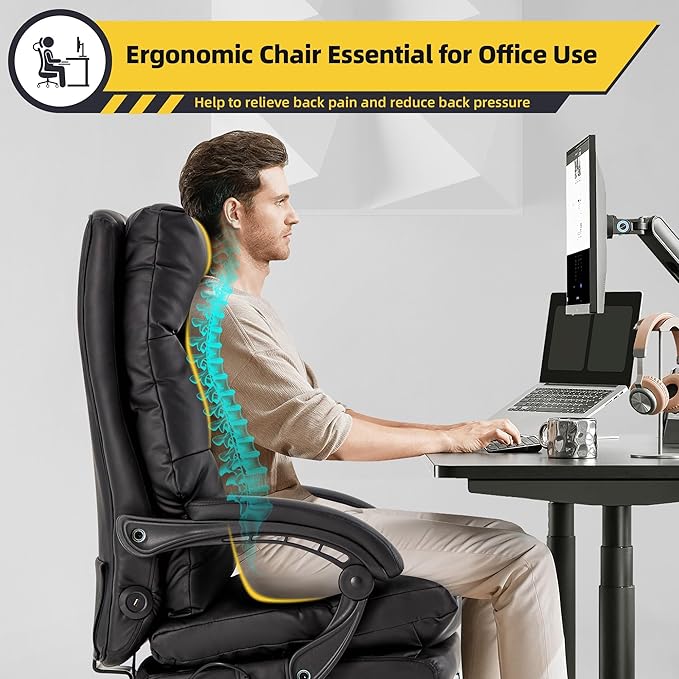 HOMREST Plush Executive Office Chair with Massage and Heat, Big and Tall Ergonomic Chair with Double-Layer Seat Cushion, Headrest, Lumbar Support, Footrest & USB for Home Office,Black