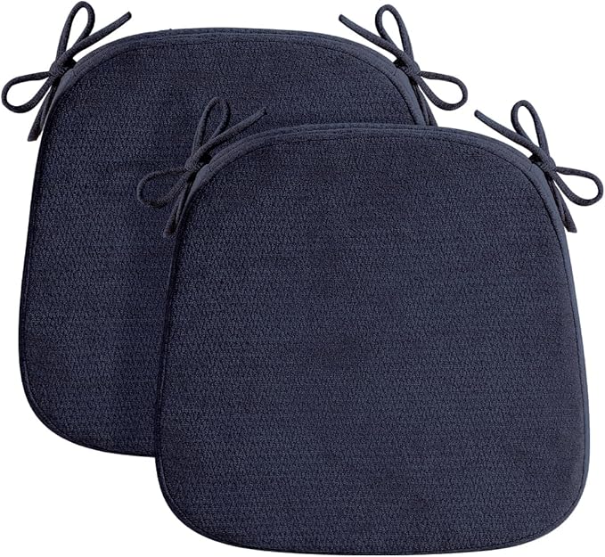 D-Shaped Chair Cushions for Dining Chairs, 2.5” Thick Chair Pads with Washable Comfortable Textured Cover, Non Slip Kitchen Chair Cushions with Ties, 16.5" x 16.5", 2 Pack, Navy
