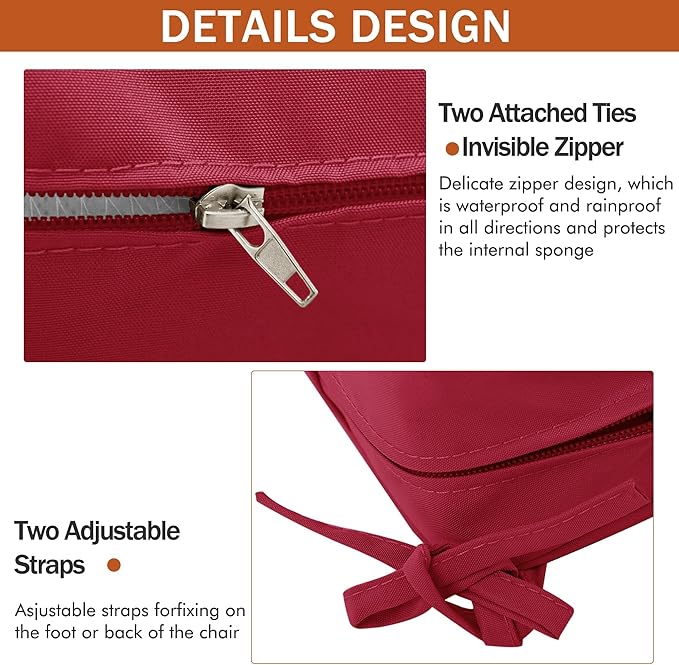 4 Pack Outdoor Chair Cushions 19 x 19 Inch Water Resistant Patio Chair Cushions with Tie 3 Year Color Fastness Thick Outdoor Seat Cushion for Garden Lawn Patio Furniture Burgundy