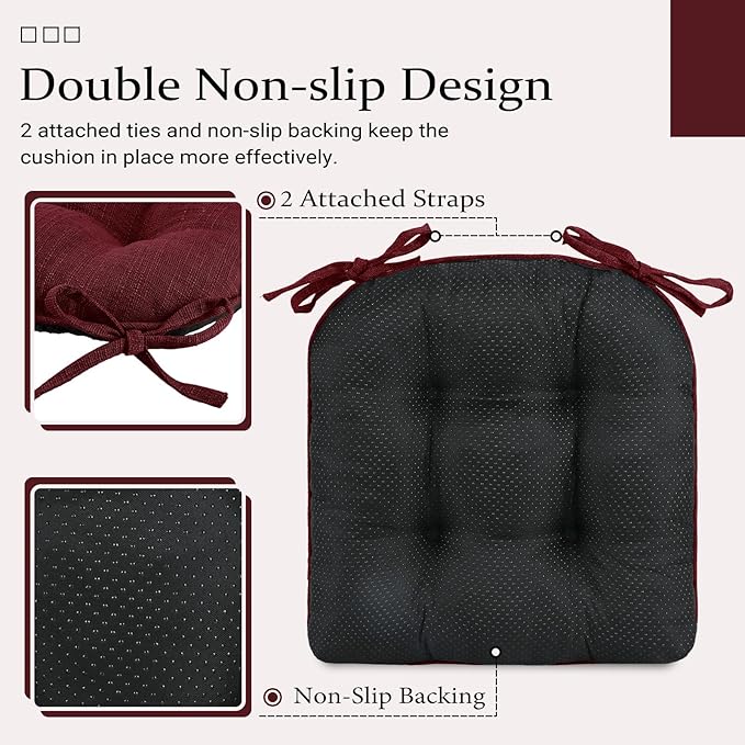 Wellsin Chair Cushions for Dining Chairs, Non-Slip Kitchen Chair Pads with Ties, Tufted Shredded Foam Kitchen Chair Cushions Set of 4, 15.5" X 15.5",Burgundy