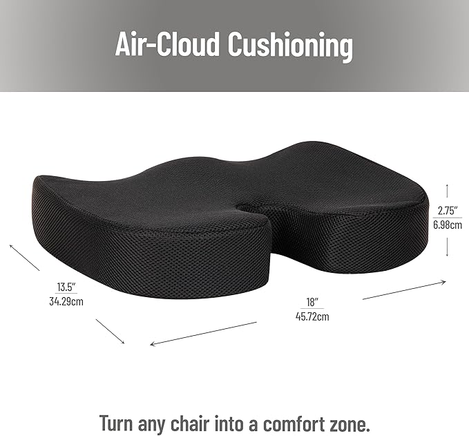 Mind Reader Memory Foam Seat Cushion with Air-Cloud Technology, Sciatica, Coccyx & Hip Pain Relief, Office, Memory Foam, Black