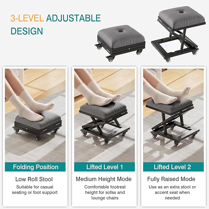 VECELO Foot Rest Under Desk at Work, Height Adjustable Rolling Foot Stool with Wheels, Cushioned Seat for Living Room, Bedroom, Home Office