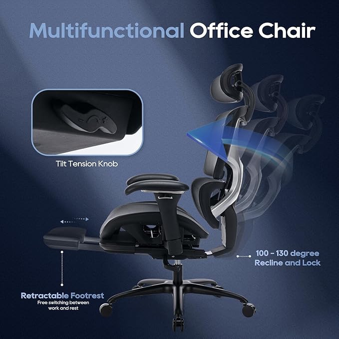 COLAMY Ergonomic Mesh Office Chair with Footrest, Executive High Back Computer Desk Chair with Wide Headrest and Adjustable 3D Arms, Fixed Tilt Lock and Lumbar Support (Black)