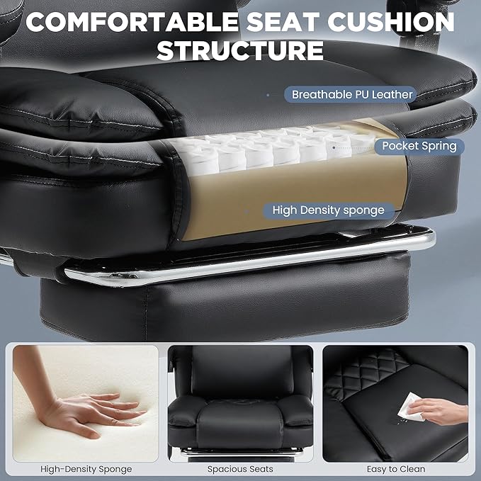 HOMREST 3D Kneading Massage Office Chair with 16 Kneading Nodes & Lumbar Support,Ergonomic Reclining Desk Chair with Footrest & Linkage Armrests,PU Leather Executive Chair with for Home Office (Black)