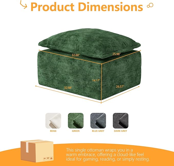 Hobestluk Rectangular Cloud Memory Foam Ottoman for Couch Comfy Couch Footrest with Removable Cover Ideal for Living Room Bedroom or Office as Extra Seating or Coffee Table (Green, Ottoman)