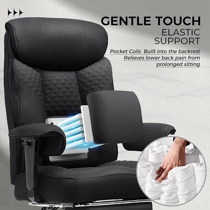 GTPLAYER Big and Tall Office Chair, High Back Computer Gaming Chair with Ergonomic Lumbar Support &Pocket Spring Cushion for Lower Back Pain Relief, Fabric Executive Chair with Foot Rest, Black