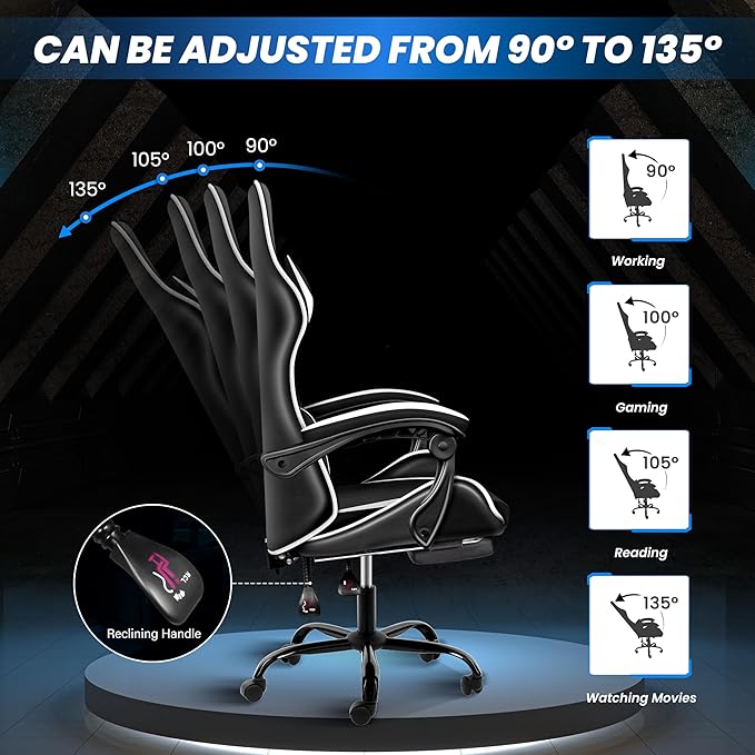 Gaming Chair, Ergonomic Computer Chair with Footrest and Lumbar Support, Height Adjustable Office Chair with 360° Swivel Seat and Headrest