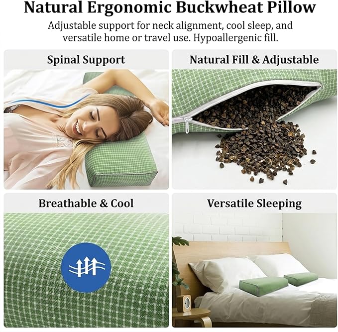 Adjustable Buckwheat Hull Pillow for Neck Pain Relief (21x8x4) Natural Cooling Cervical Support Camping Pillow for Side & Back Sleepers with Night Sweats (xiaoge Green)