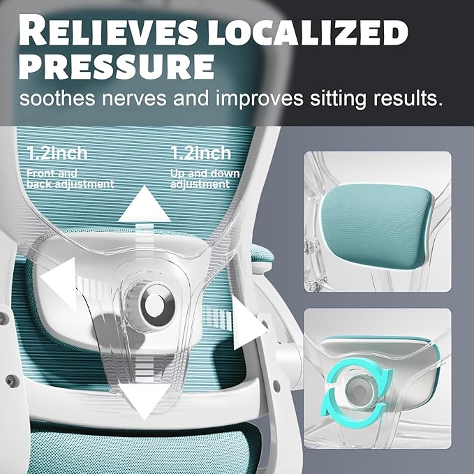 Office Computer Desk Chair - Lumbar Support and Headrest, Ergonomic Mesh Back Swivel Task Chair,Flip-Up Arms for Desk Work, 90-120° Tilt Rolling Chair for Home Office(White-Blue6076)