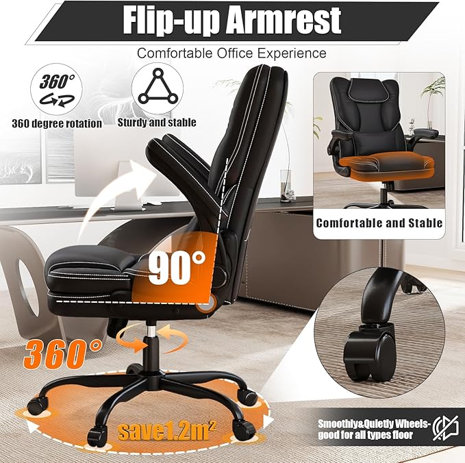 Ergonomic Office Chair with Flip-up Armrests, 300lbs Mid Back Computer Office Desk Chair with Lumbar Support, Executive Leather Chair with Rocking Function Adjustable Height for Home Office