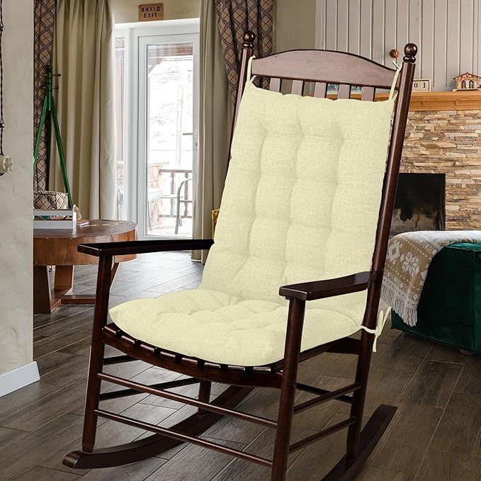 ELFJOY Rocking Chair Cushion Large Rocking Chair Pads with Ties Premium Linen High Back and Seat Cushion 2 Piece Set Linen White
