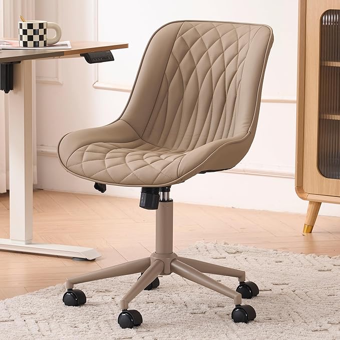 YOUNIKE Faux Leather Ergonomic Office Chair Armless Comfy Desk Chair with Rocking Back Cute Swivel Vanity Chair with Wheels Height Adjustable Small Computer Task Chair for Sewing Drafting Khaki