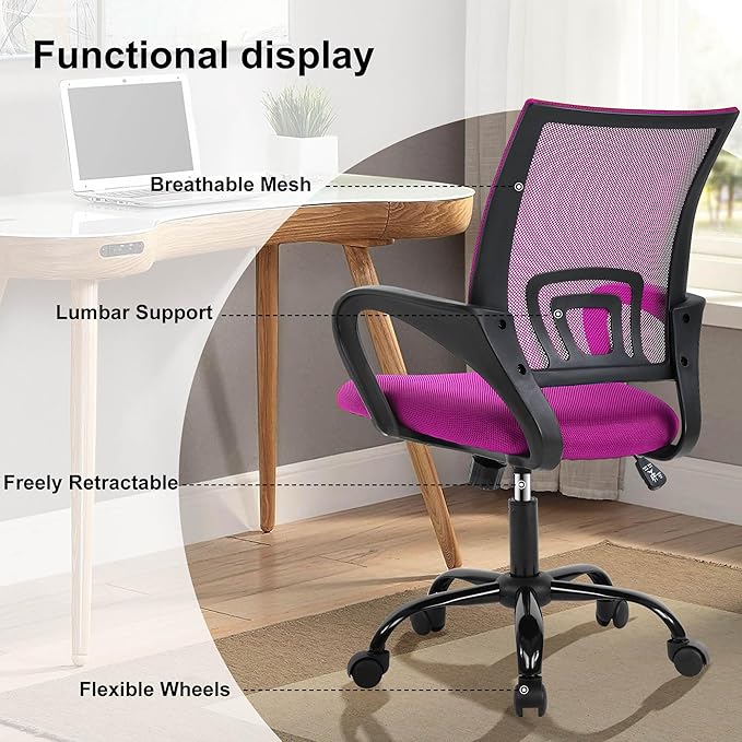 Computer Desk Chair,Work Chairs for Home Office,Ergonomic Office Chair with Lumbar Support,Mesh Office Chair with Arm and Wide Comfortable Seat,Adjustable Rolling Office Chair,Pink