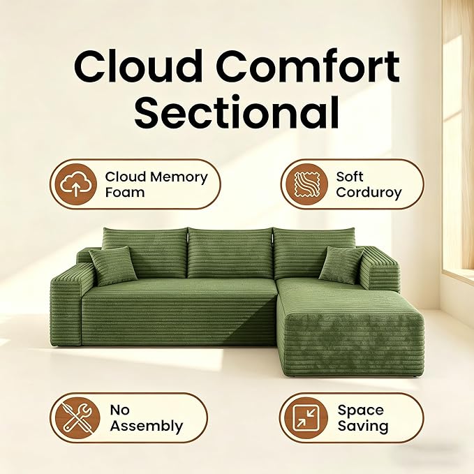 94" Boneless Couches with Right Facing Chaise for Living Room,Corduroy Sectional Couch,L-Shape Cloud Couches Compressed Memory Foam Cloud Sofa,No Assembly Required,Green