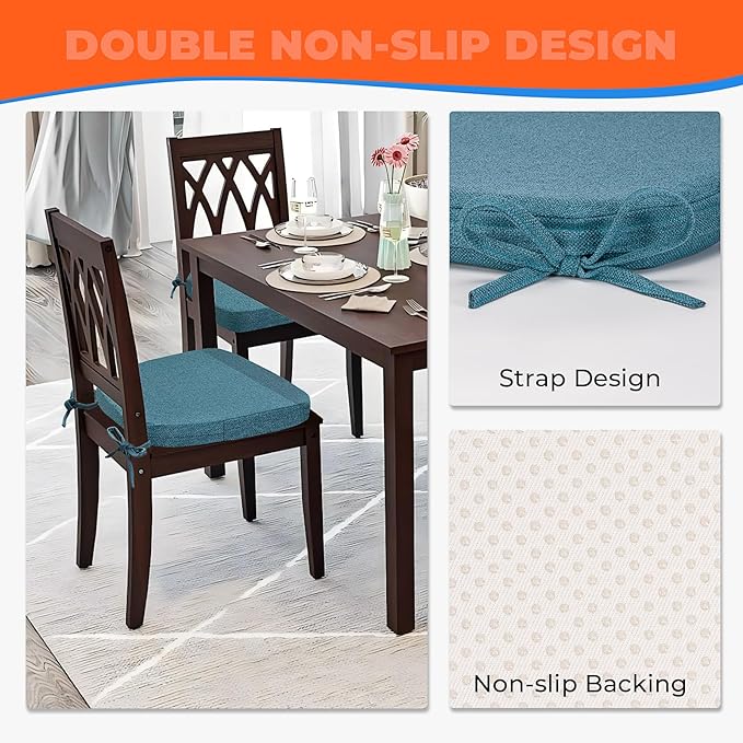 Sunsleek Chair Cushions for Dining Chairs, D-Shaped Seat Cushions with Removable Washable Cover and Ties, Chair Pads for Kitchen, Indoor Dining Room, Patio Chairs, 17'' x 16'', Set of 6, Blue