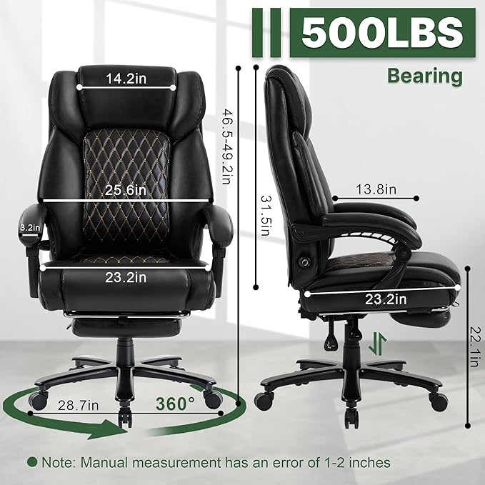 Reclining Office Chair with Retractable Footrest & Adjustable Lumbar Support - 500 lbs Capacity for Big and Tall Users, Leather Executive Desk Chair for Home Office, Work, and Relaxation, Black