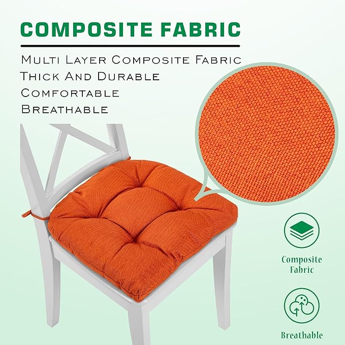 SQUARE MOON Chair Cushions for Dining Chairs, 3 Inch Thick Comfortable Kitchen Chair Pads, Dining Room Seat Cushions with Ties, Machine Washable, 17" x 16" x 3", 4/Pack, Orange