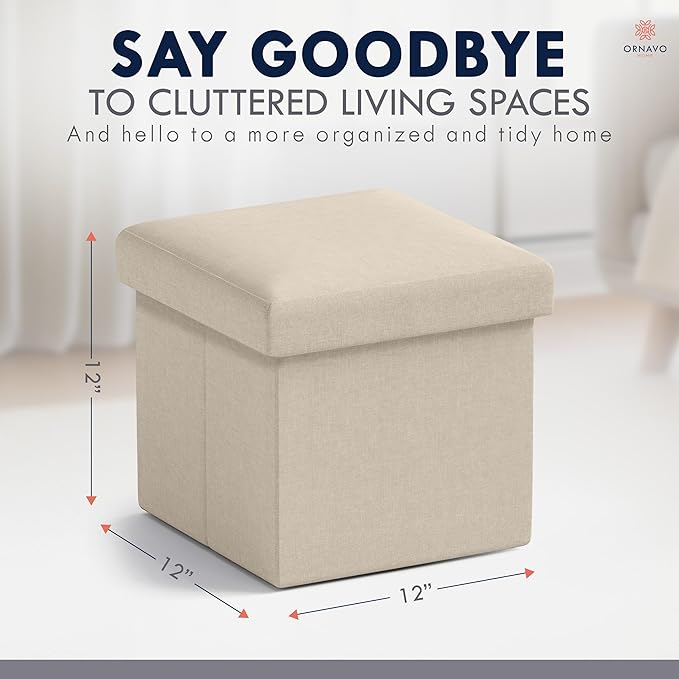 Ornavo Home Small Storage Ottoman Foldable Collapsible Cube Square Linen Ottoman Foot Rest Stool Seat, for Living Room, Bedroom, Home Office, Dorm - 12 x 12 x 12, Beige