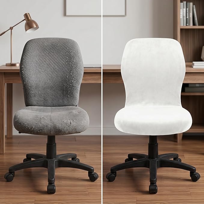 Deisy Dee Velvet Stretch Armless Office Chair Covers - Colorful Stretch Slipcover for Desk Chairs (Off White)