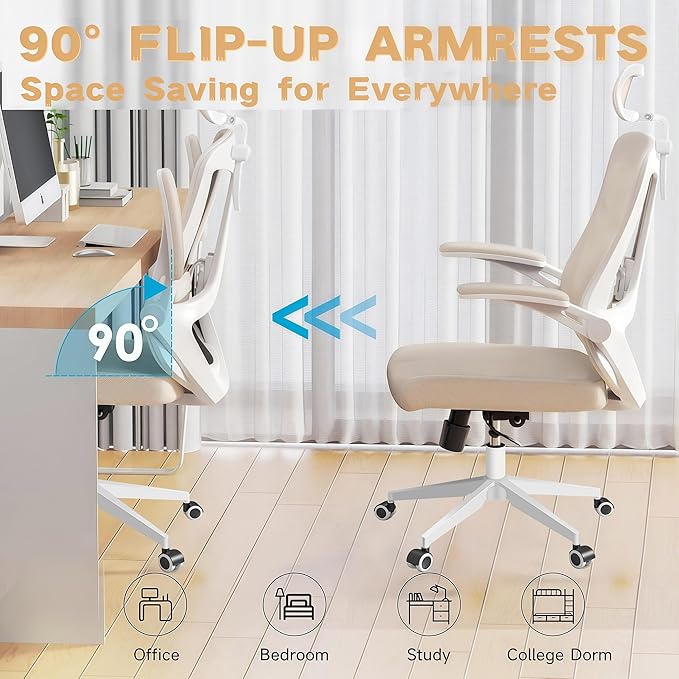 Ergonomic Office Chair - 350LB Comfy Desk Chairs with Adjustable Headrest and Lumbar Back Support, Mesh Computer Chairs with Wheels and Arms for Home Office, Study (Khaki-with Headrest)