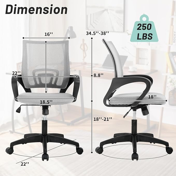 Modern Mesh Office Chair, Ergonomic with Lumbar Support, Adjustable Height, Grey