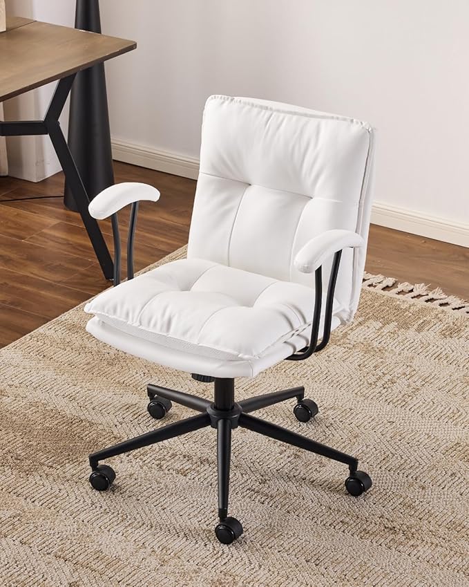 Karl home Faux Leather Office Chair with Removable Armrests, Adjustable Height & 360° Swivel, Tufted Thick Cushion Computer Desk Chair with Lumbar Support for Living Room, Vanity, White