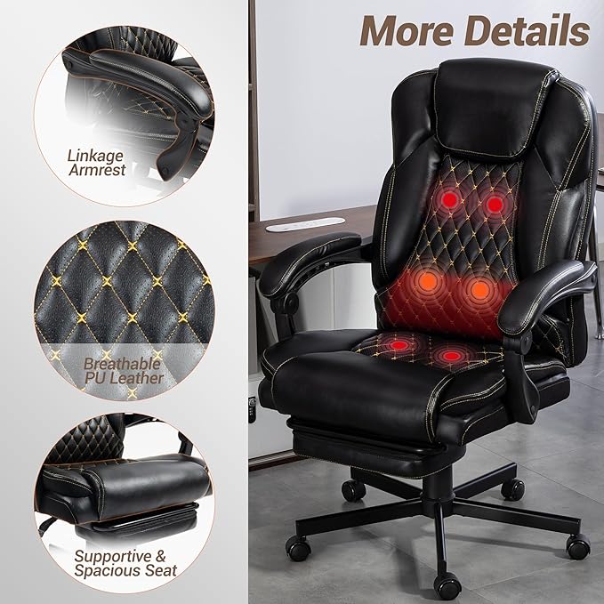 Massage Office Chair with Footrest, 6 Points Vibration Heating Executive Chair, Ergonomic Home Office Desk Chair with Linkage Armrest, Reclining Backrest, Lumbar Support, PU Leather, Black