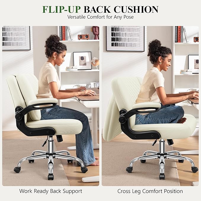 Criss Cross Office Chair with 2-in-1 Flip Backrest – Ergonomic PU Leather Floor Sitting Chair, Adjustable Height, 360° Swivel & Flip-Up Arms, Extra-Wide Seat for Home Office, Vanity, Nail Salon-White