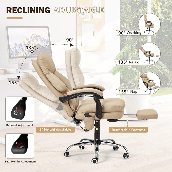HOMREST Ergonomic Office Chair with 6-Point Massage & Heating, Adjustable Executive Desk Chairs, Retractable Footrest, Dual-Layer Soft Cushion, PU Leather, Khaki