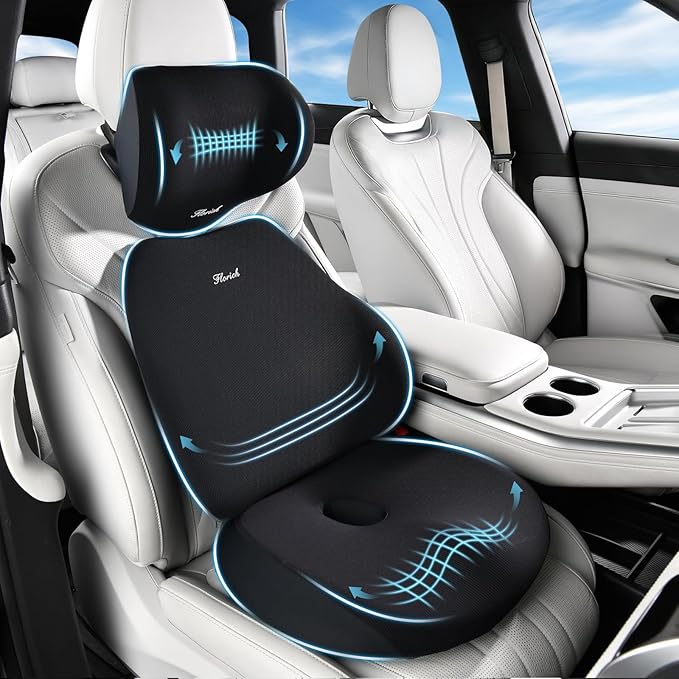 FLORICH Car Seat Cushion & Lumbar Support Pillow & Car Neck Pillow, Ergonomic Memory Foam Driving Seat Cushion for Back & Sciatica Pain Relief, Non-Slip Washable Cushion for Car, Driver, Office-Black