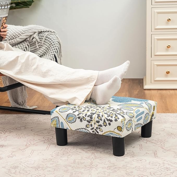 Joveco Small Foot Rest Stool Ottoman, Square Upholstered Fabric Footstool for Couch, Under Desk, Office, Living Room, Blue Floral