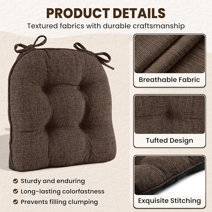 downluxe Indoor Chair Cushions for Dining Chairs, Tufted Overstuffed Textured Foam Kitchen Chair Pads with Ties and Non-Slip Backing, 15.5" x 15.5" x 4", Brown, 6 Pack