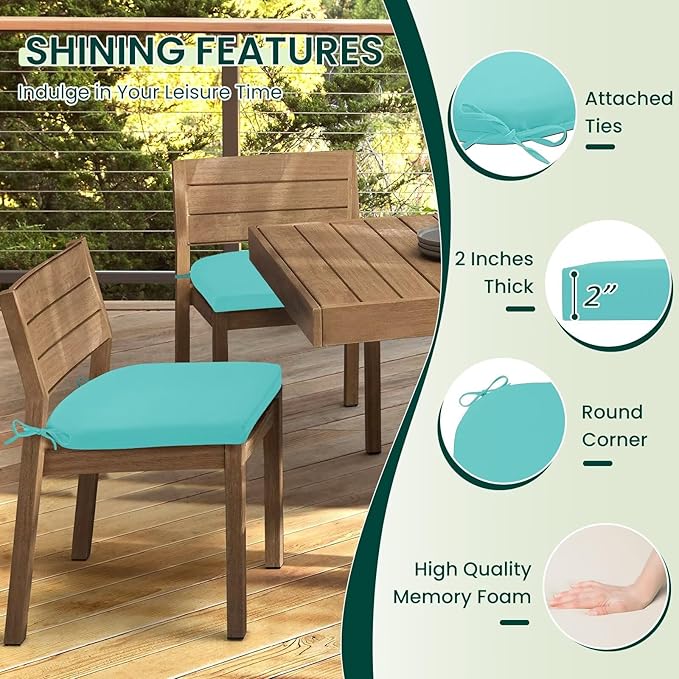 HARBOREST Outdoor Chair Cushions Set of 2, Water Resistant Patio Chair Cushions with Ties, Outdoor Seat Cushions for Patio Furniture, 17"x16"x2", Teal